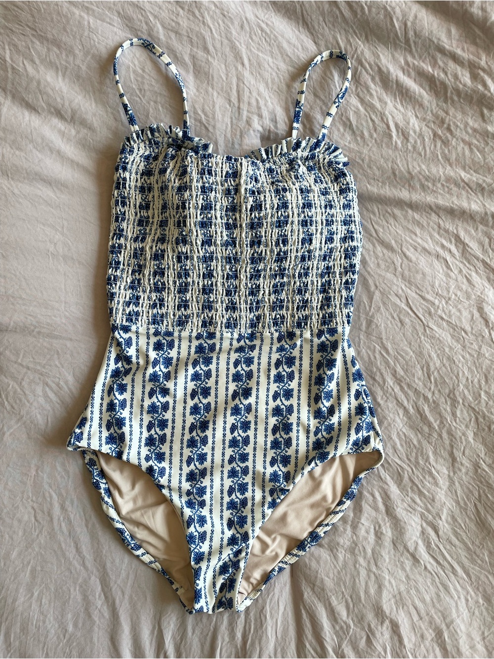 Hermoza Blue and White Smocked One-piece Swimsuit